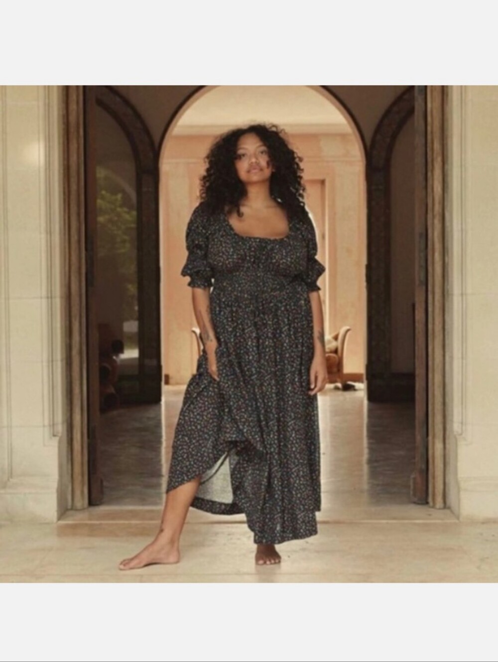 Doen Ischia Night Songbird Paisley Black Floral Midi Dress with Puff Sleeves
